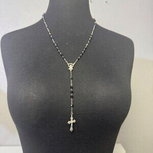 Rosary Style Necklace Black Beads Silver Chain Cross & Virgin Mary Pendant